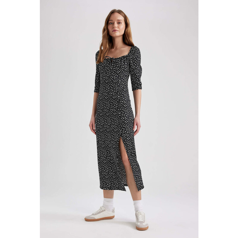 DEFACTO Regular Fit Heart Neck Vzorovaný rozparek Krátký rukáv Midi 107060682