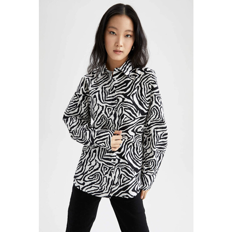 DEFACTO Oversize Fit Long Sleeve Zebra Print Shirt