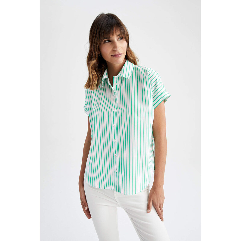 DEFACTO Regular Fit Short Sleeve Striped Poplin Shirt