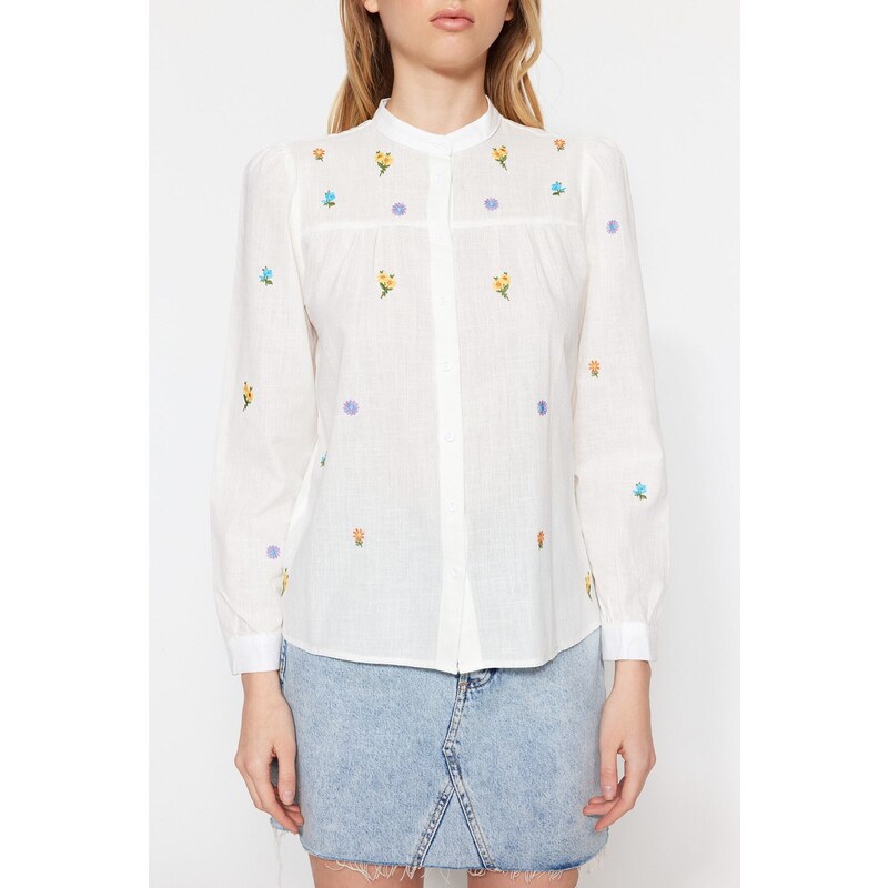 Trendyol Ecru Embroidered Woven Shirt