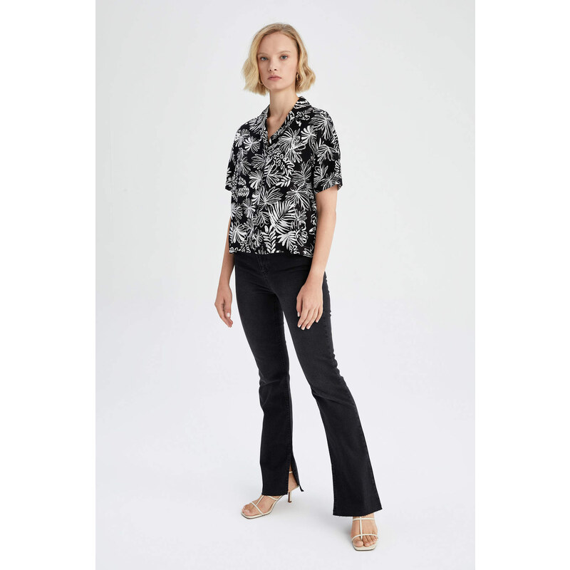 DEFACTO Regular Fit Short Sleeve Palm Print Viscose Shirt