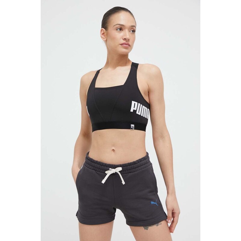 Bavlněné šortky Puma šedá barva, s potiskem, high waist