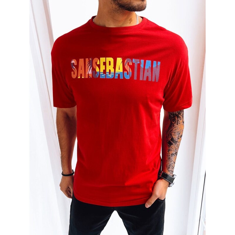Buďchlap Originální červené pánské tričko s barevným nápisem