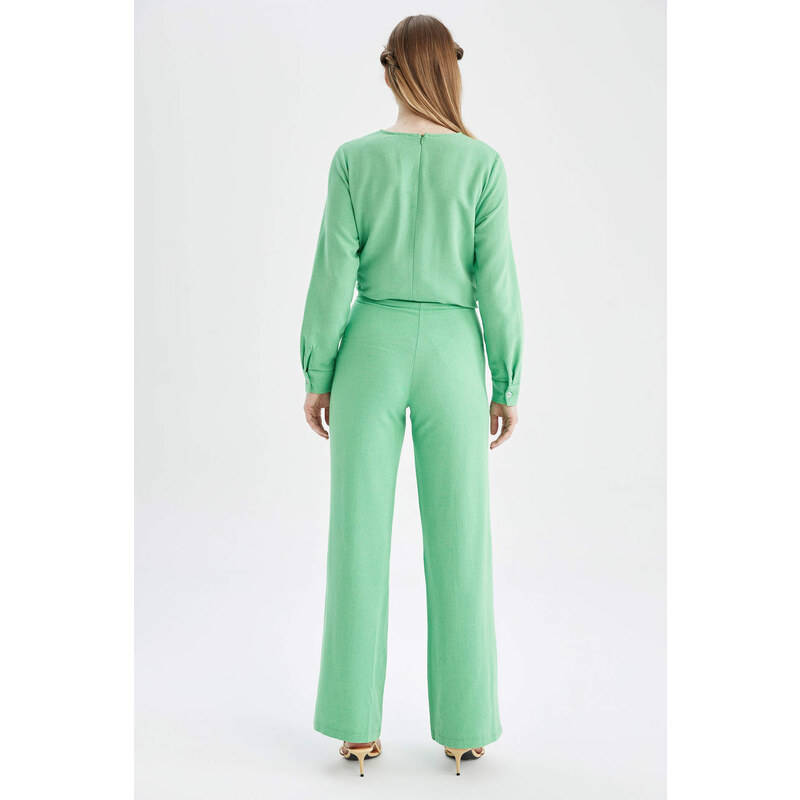 DEFACTO Regular Fit Wide Leg Linen Blend Trousers