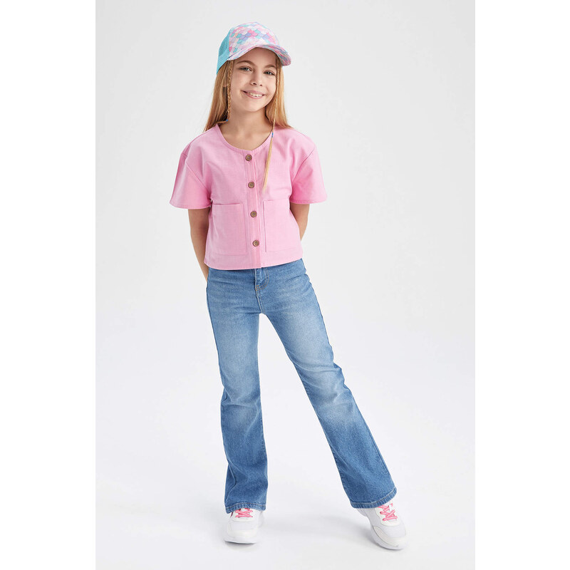 DEFACTO Girls Modern Fit Linen Look Short Sleeve Shirt