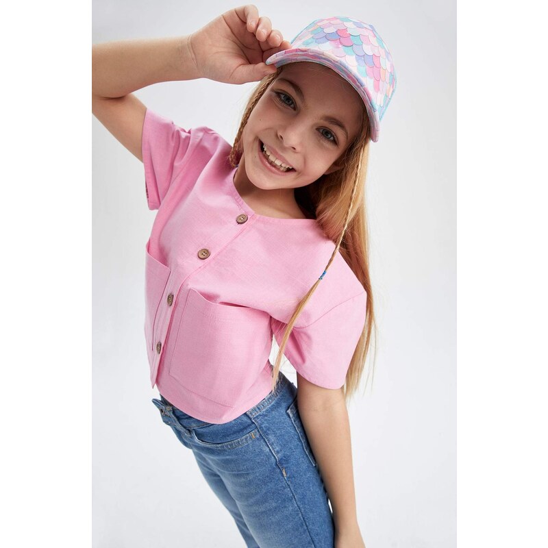 DEFACTO Girls Modern Fit Linen Look Short Sleeve Shirt