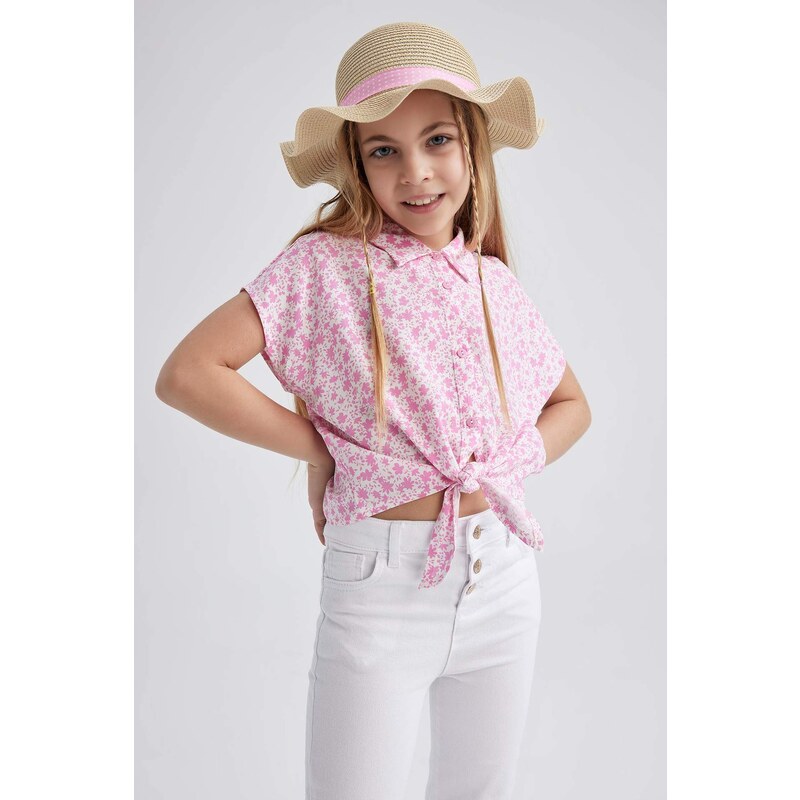 DEFACTO Girl Crop Patterned Short Sleeve Shirt