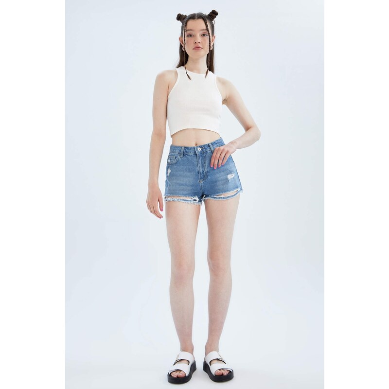 DEFACTO High Waisted Distressed Jean Short