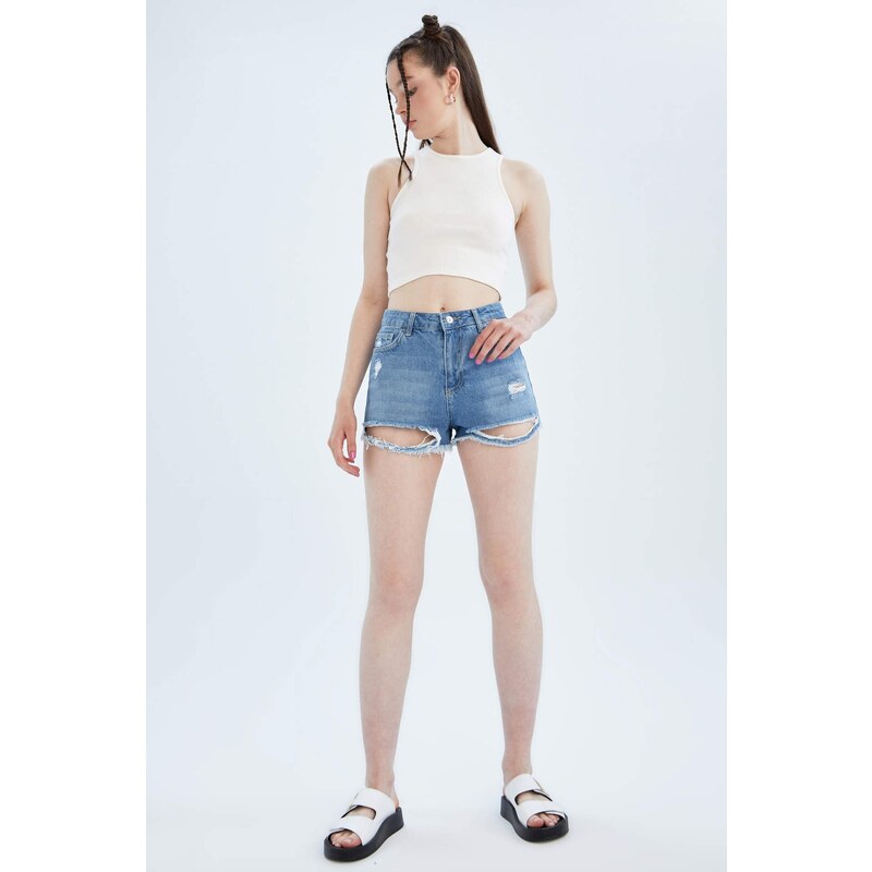 DEFACTO High Waisted Distressed Jean Short