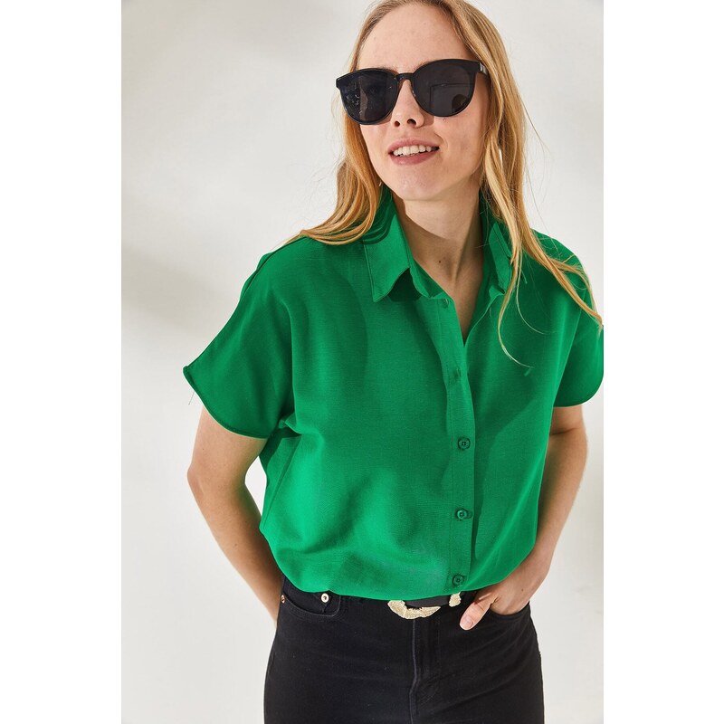 Olalook Women's Grass Green Bat Oversized Linen Shirt