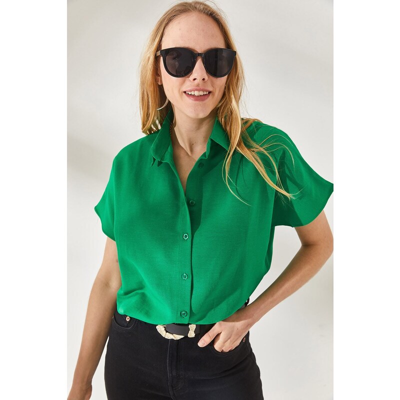 Olalook Women's Grass Green Bat Oversized Linen Shirt