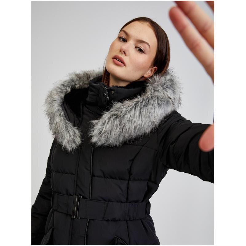 ORSAY Černý dámský péřový zimní kabát s kapucí a umělým kožíškem