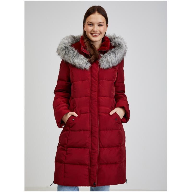 ORSAY Vínový dámský péřový zimní kabát s kapucí a umělým kožíškem