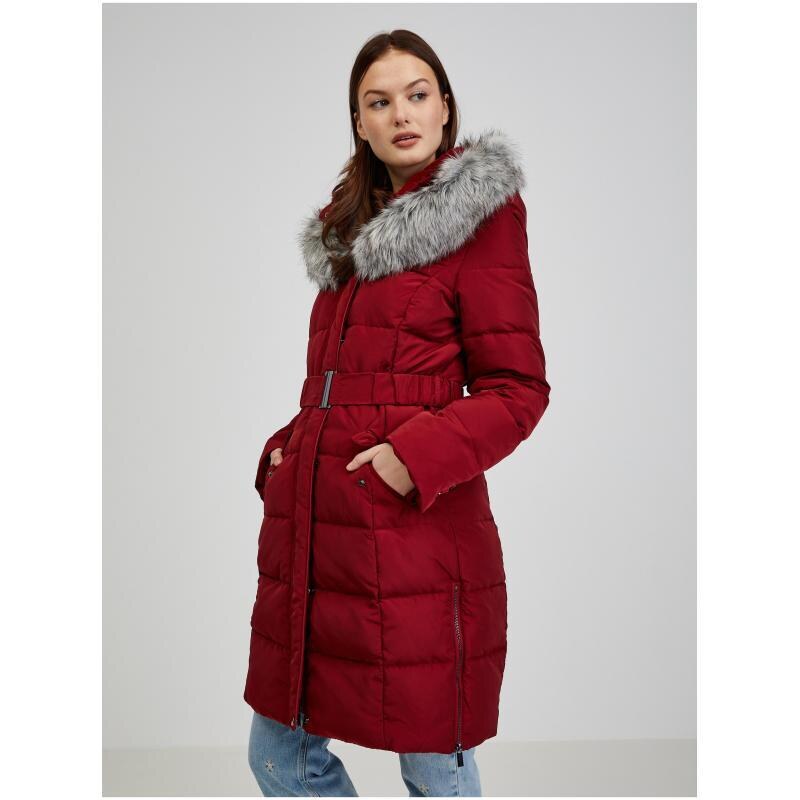 ORSAY Vínový dámský péřový zimní kabát s kapucí a umělým kožíškem
