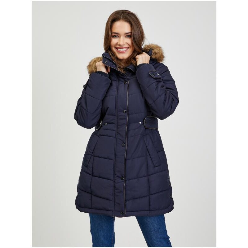ORSAY Tmavě modrý dámský prošívaný zimní kabát s odepínací kapucí s kožíškem 34