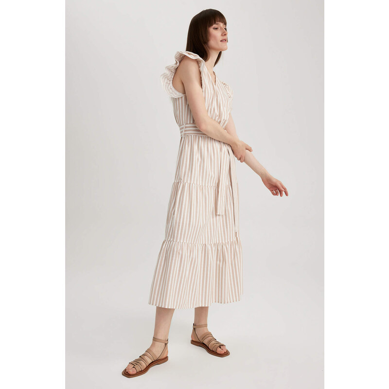 DEFACTO Wrap Collar Striped Linen Look Butterfly Sleeve Midi Short Sleeve Dress