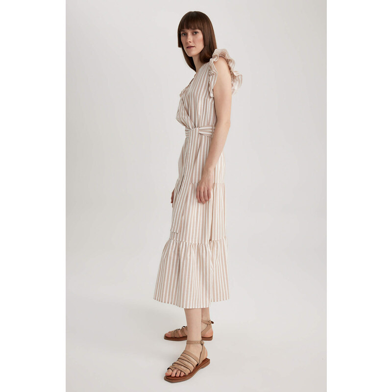 DEFACTO Wrap Collar Striped Linen Look Butterfly Sleeve Midi Short Sleeve Dress