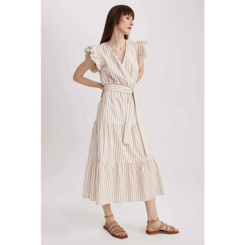 DEFACTO Wrap Collar Striped Linen Look Butterfly Sleeve Midi Short Sleeve Dress