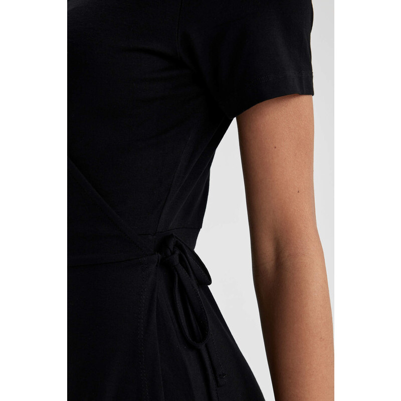 DEFACTO A-Line Wrap Collar Mini Short Sleeve Dress