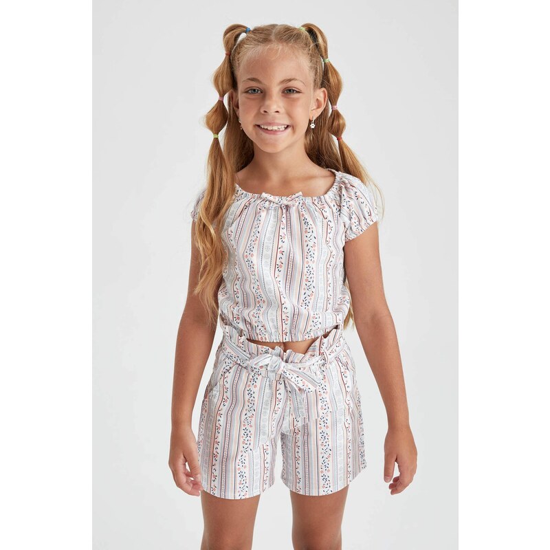 DEFACTO Girl Paperbag Fit Belted Striped Short