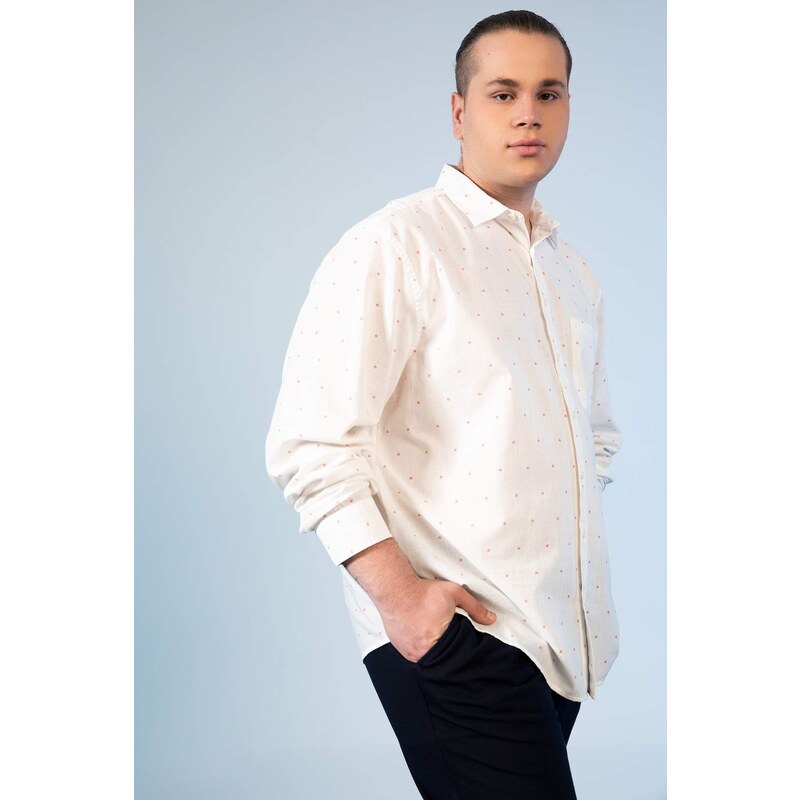 DEFACTO Plus Size Modern Fit Patterned Linen Blend Long Sleeve Classic Shirt