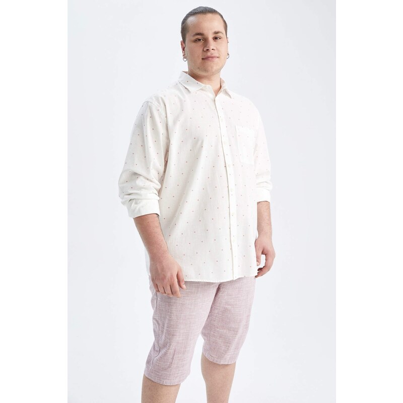 DEFACTO Plus Size Modern Fit Patterned Linen Blend Long Sleeve Classic Shirt