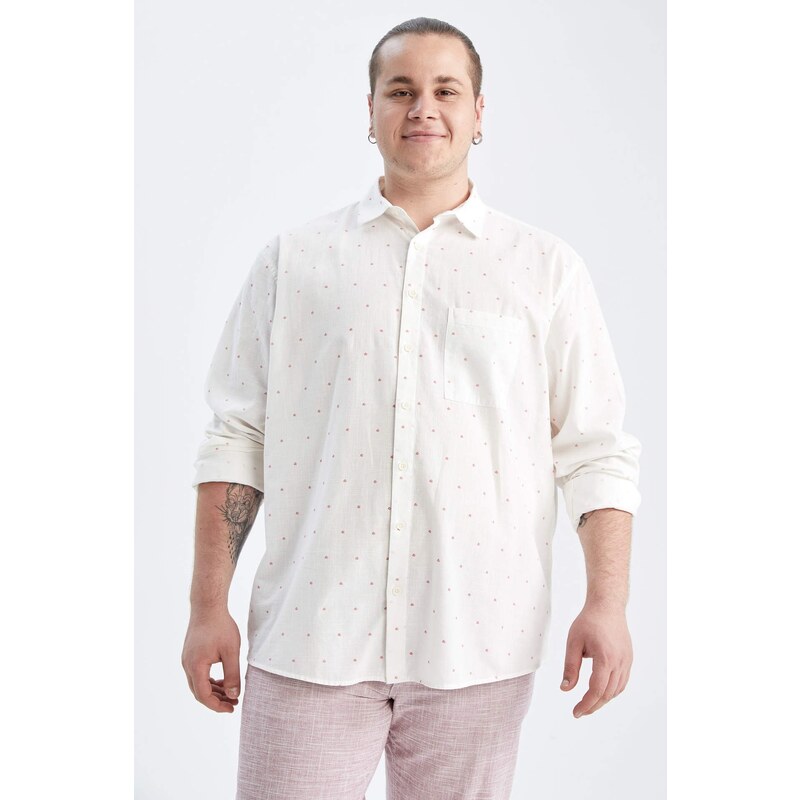 DEFACTO Plus Size Modern Fit Patterned Linen Blend Long Sleeve Classic Shirt