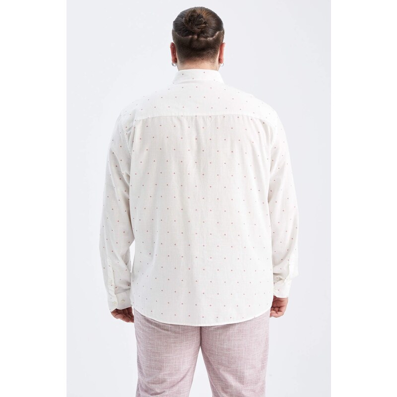 DEFACTO Plus Size Modern Fit Patterned Linen Blend Long Sleeve Classic Shirt