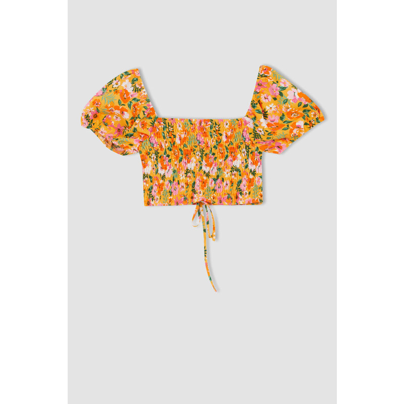 DEFACTO Slim Fit Short Balloon Sleeves Floral Print Crop Top