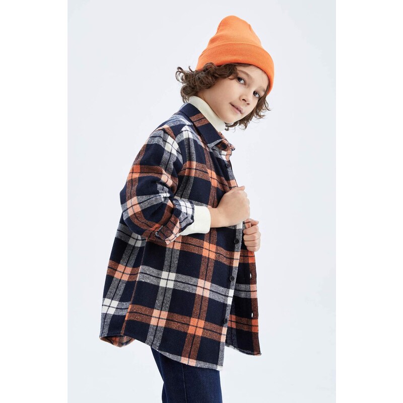 DEFACTO Boy Oversize Fit Polo Neck Flannel Long Sleeve Shirt
