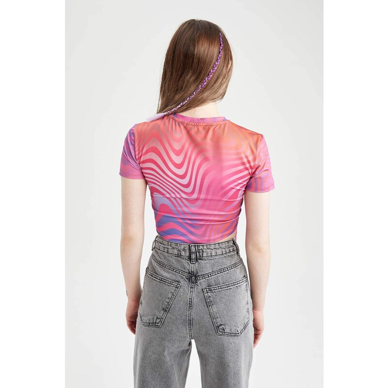 DEFACTO Fitted Short Sleeve Colour Block Ruched Crop Top