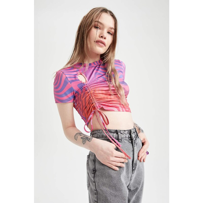 DEFACTO Fitted Short Sleeve Colour Block Ruched Crop Top
