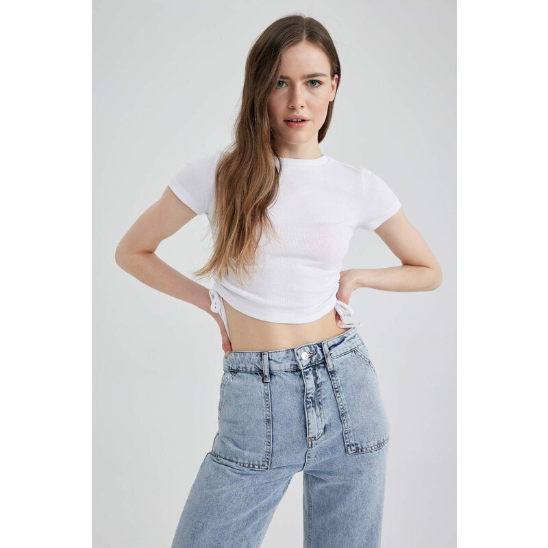 DEFACTO Short Sleeve Tie Waist Crop Top