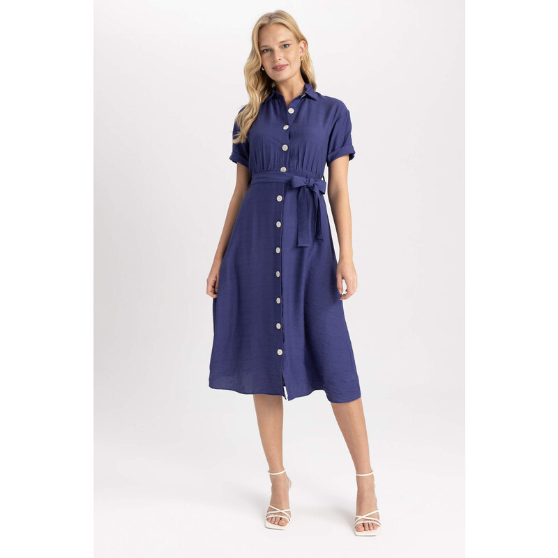 DEFACTO Shirt Collar Linen Look Midi Short Sleeve Dress