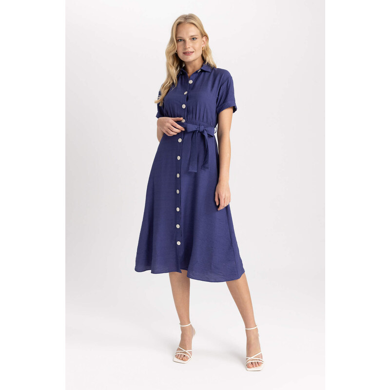 DEFACTO Shirt Collar Linen Look Midi Short Sleeve Dress