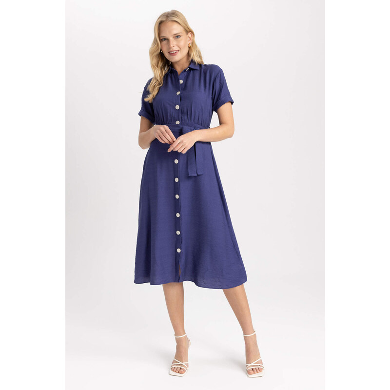 DEFACTO Shirt Collar Linen Look Midi Short Sleeve Dress