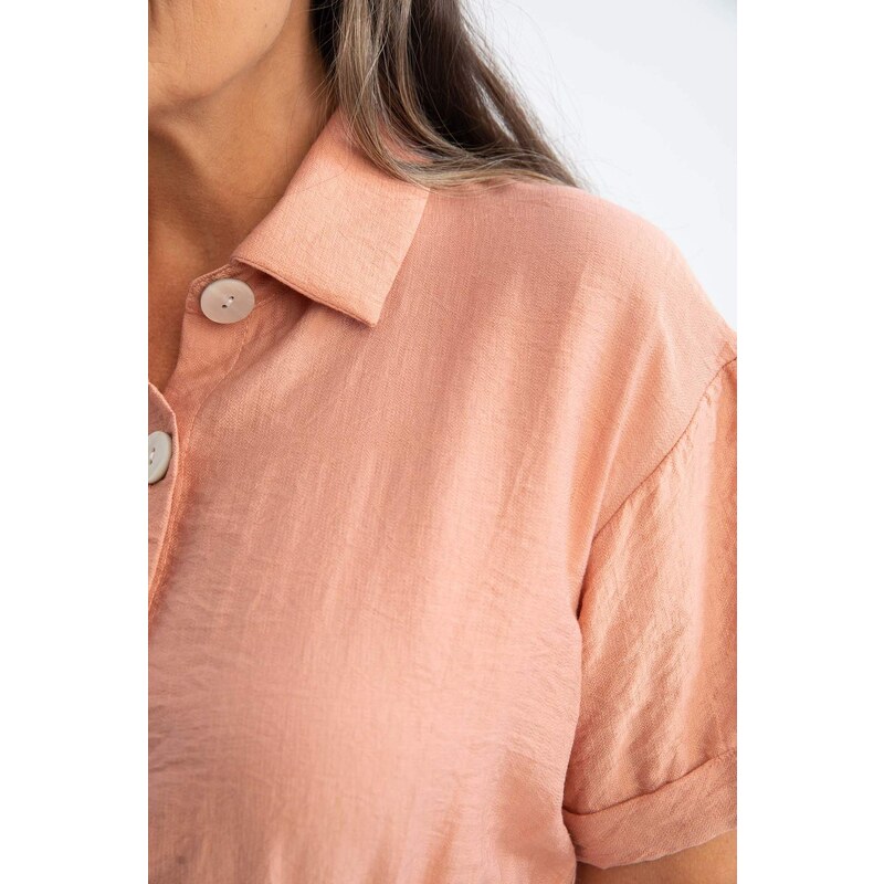 DEFACTO Košilový límec Lněný vzhled Midi šaty s krátkým rukávem