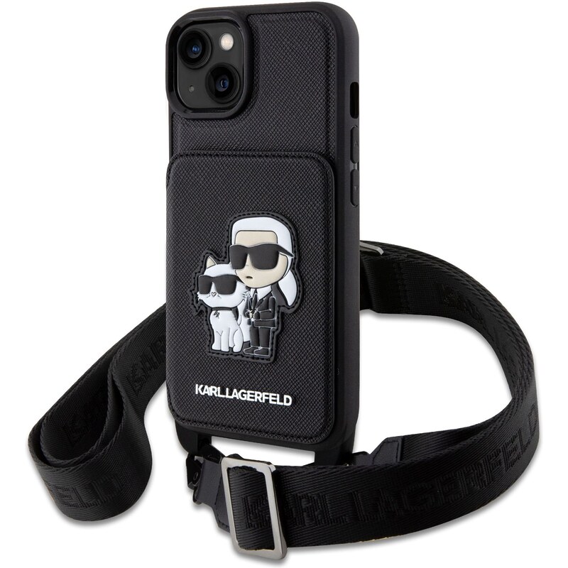 Ochranný kryt pro iPhone 14 - Karl Lagerfeld, Saffiano Crossbody Karl and Choupette NFT Black