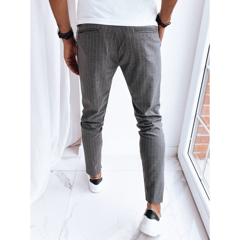 BASIC Šedo-bílé pánské pruhované ležérní kalhoty Pruhovaný vzor