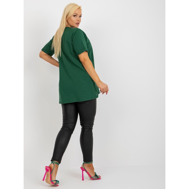 Fashionhunters Tmavě zelená halenka plus size s aplikací