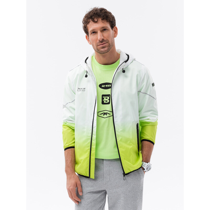 Ombre Clothing Pánská sportovní bunda s ombre efektem - bílá a limetkově zelená V1 OM-JANP-0104