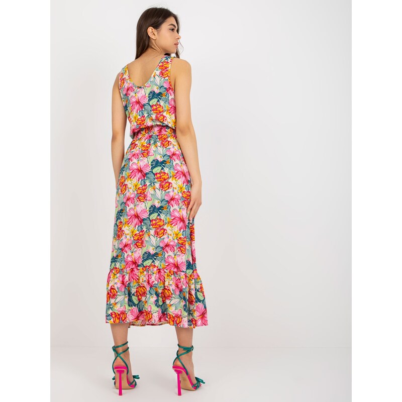 BASIC Barevné letní midi šaty se vzory -coral Květinový vzor