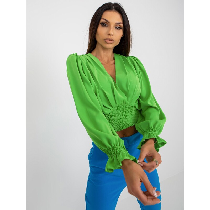 ITALY MODA SVĚTLE ZELENÁ CROP TOP HALENKA S ELASTICKÝM ŘASENÍM -LIGHT GREEN