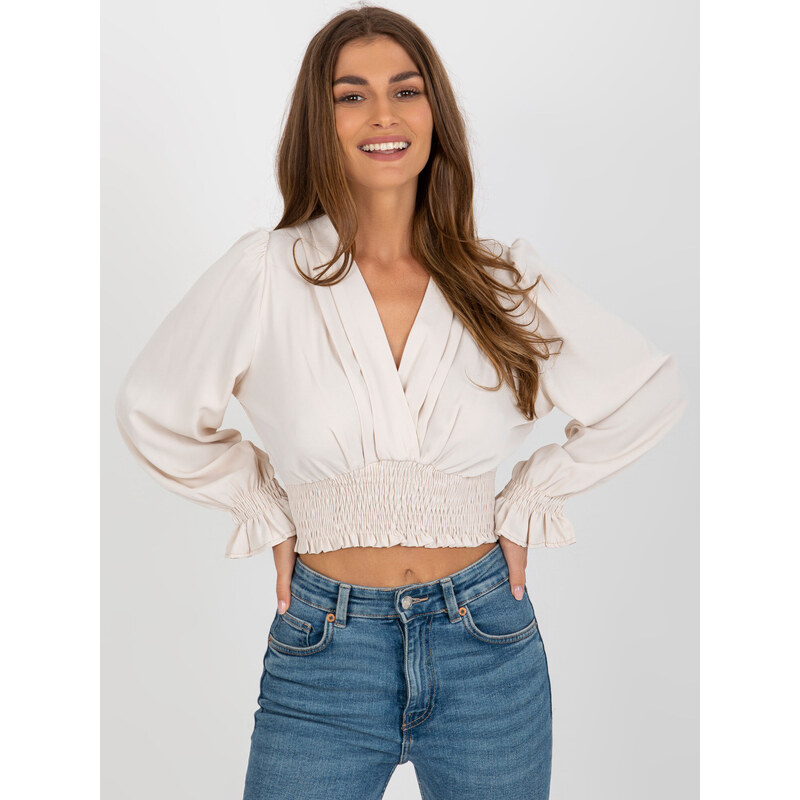 ITALY MODA SVĚTLE BÉŽOVÁ CROP TOP HALENKA S ELASTICKÝM ŘASENÍM -LIGHT BEIGE Smetanová