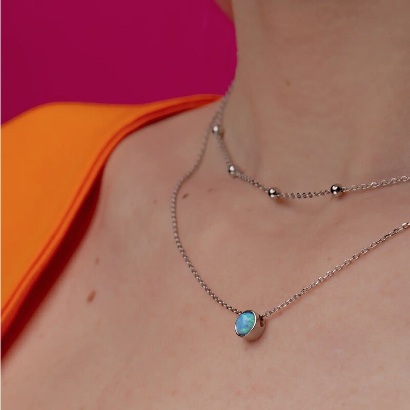 SilveAmo Stříbrný vrstvený náhrdelník Kuličky s modrým opálem