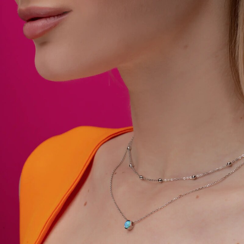 SilveAmo Stříbrný vrstvený náhrdelník Kuličky s modrým opálem