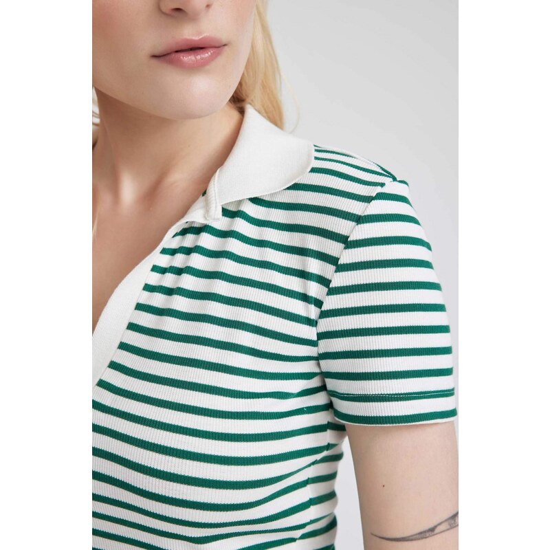 DEFACTO Fitted Polo Neck Striped Short Sleeve T-Shirt