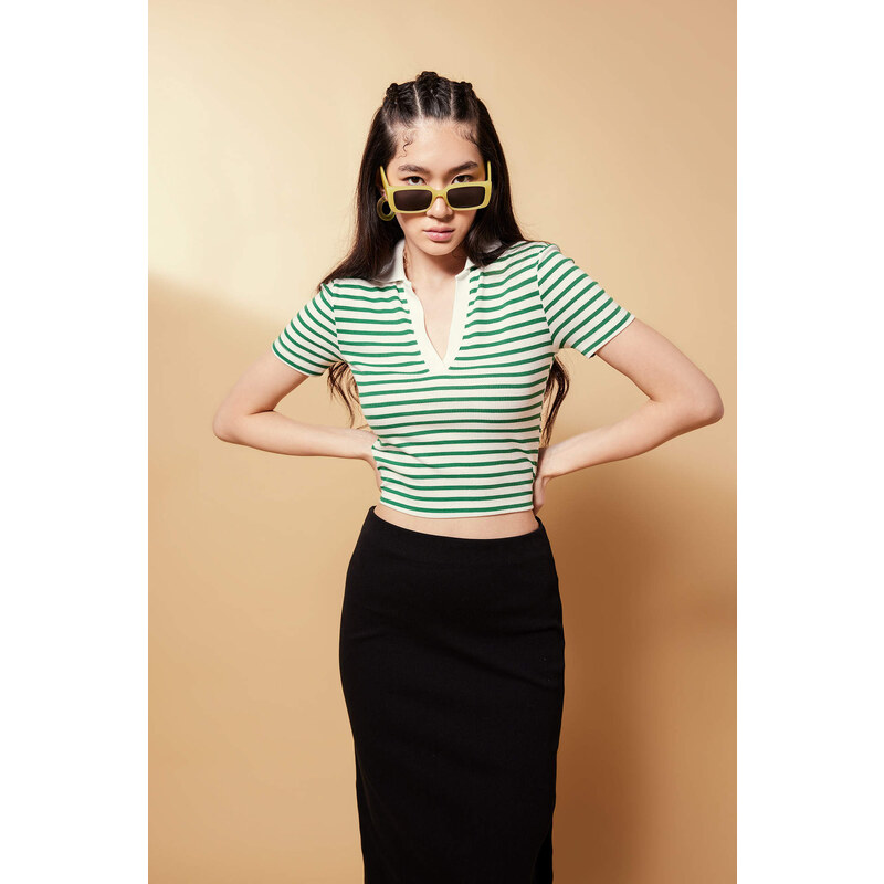 DEFACTO Fitted Polo Neck Striped Short Sleeve T-Shirt