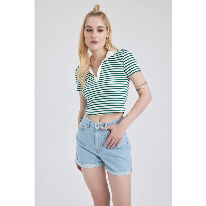 DEFACTO Fitted Polo Neck Striped Short Sleeve T-Shirt