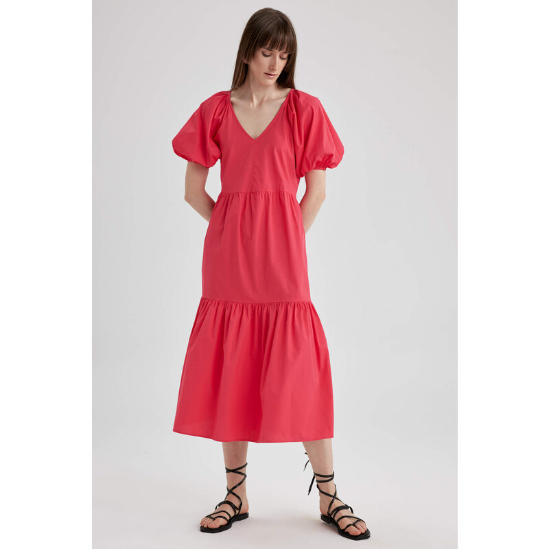 DEFACTO V-Neck Poplin Raglan Sleeve Midi Dress